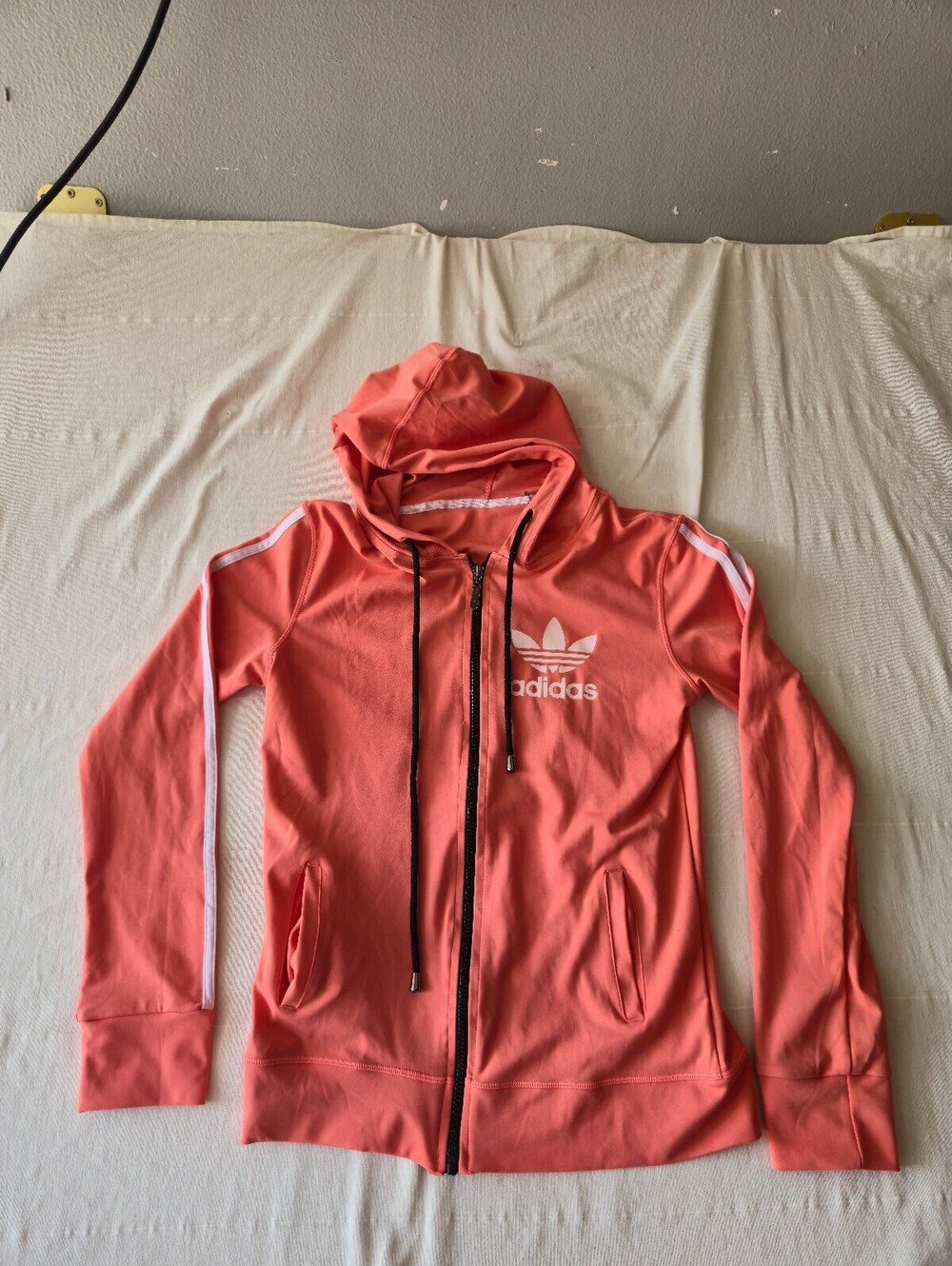 Adidas Coral Pink Full Zip Hoodie with White Stripes Womens Size Medium